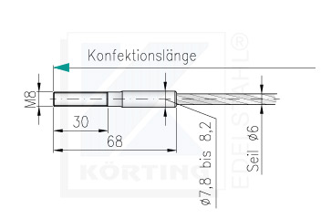 Drahtseil - Konfektionierung - freie Längeneingabe- Seilende mit Aussengewinde M8 x 30 mm - linke Seite