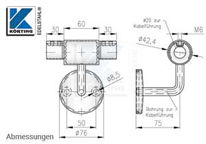 Handlaufhalter-Mittelstück für LED-Anschluss und Nutrohr - Abmessungen