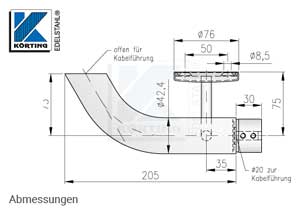 Handlaufhalter-Endbogen links für LED-Kabeldurchführung und Nutrohr - Abmessungen