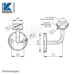 Handlaufhalter mit Anschraubplatte halbrund - Abmessungen